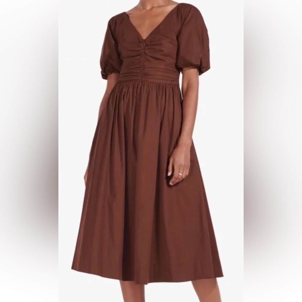 NWT Staud Greta Cotton Poplin Midi Dress Size O , Brown - Picture 2 of 12